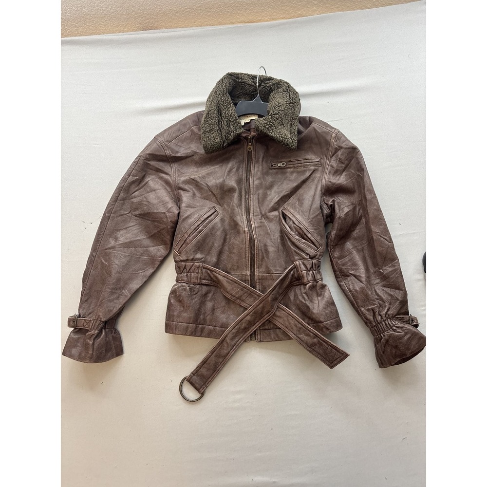 Colebrook & Co Womens Brown Leather Bomber Jacket Faux Fur Collar Belted Small